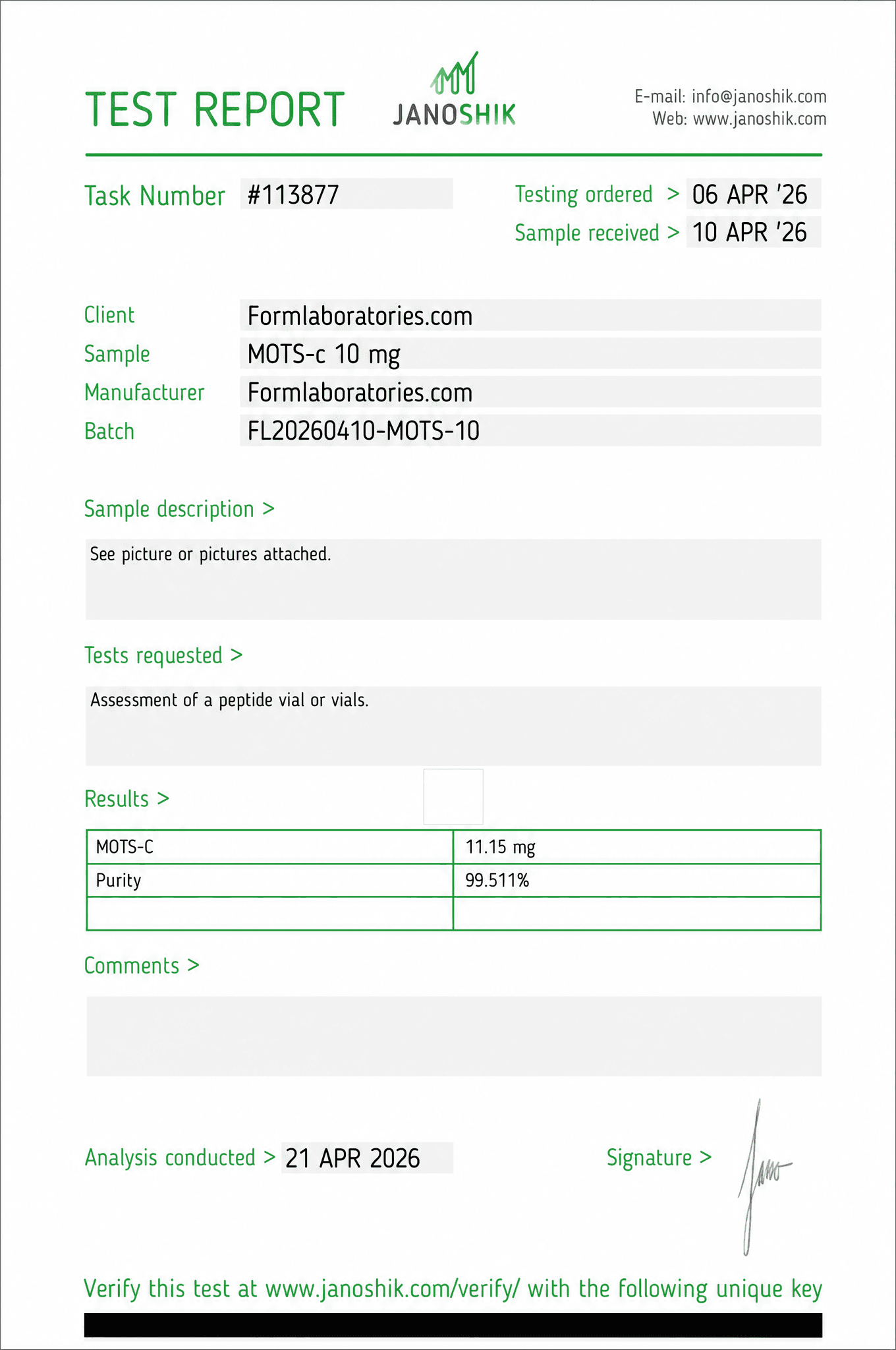 MOTS-C Certificate of Analysis - Lot MOT-2506