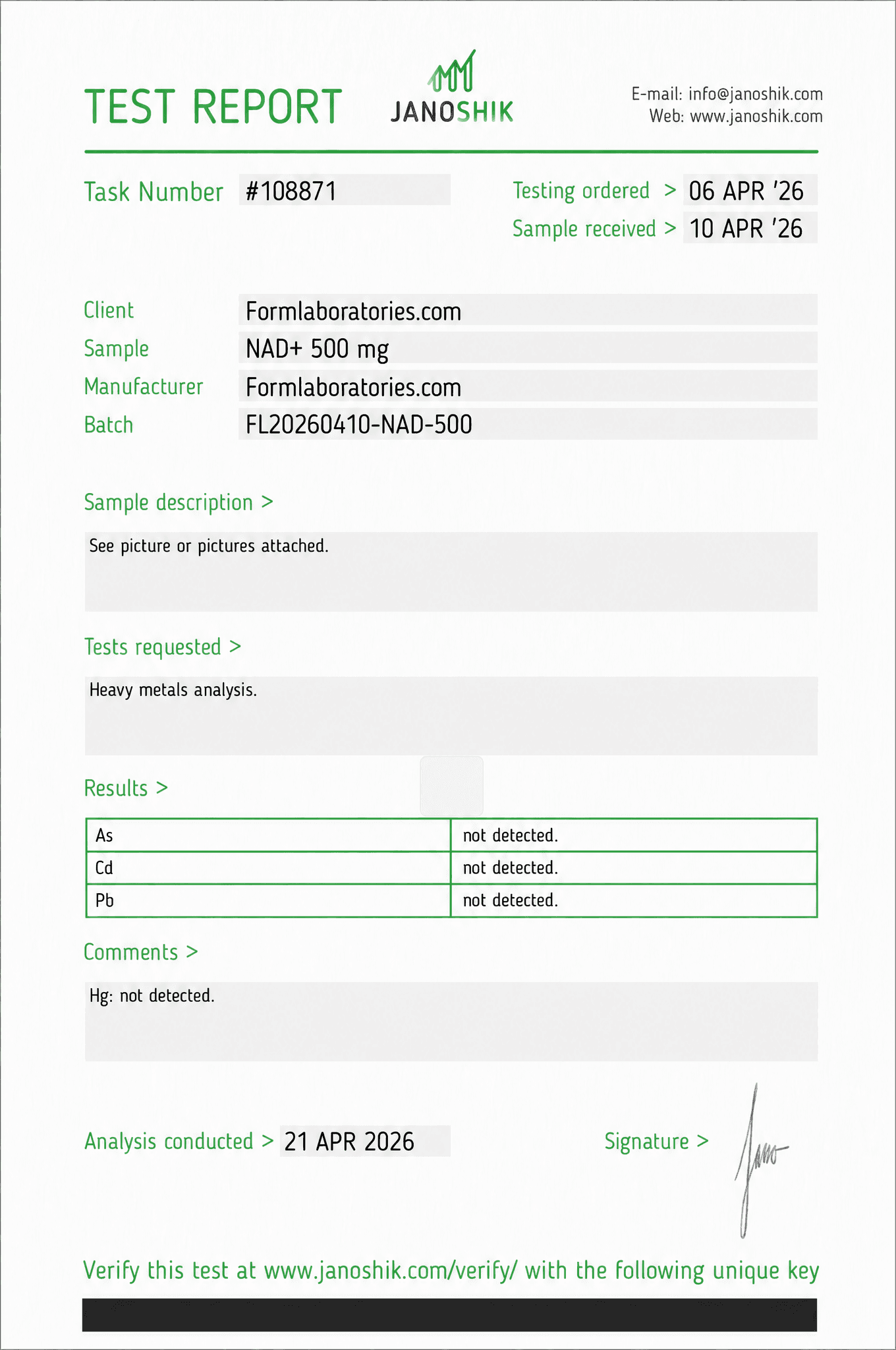 NAD+ Certificate of Analysis - Lot NAD-2506