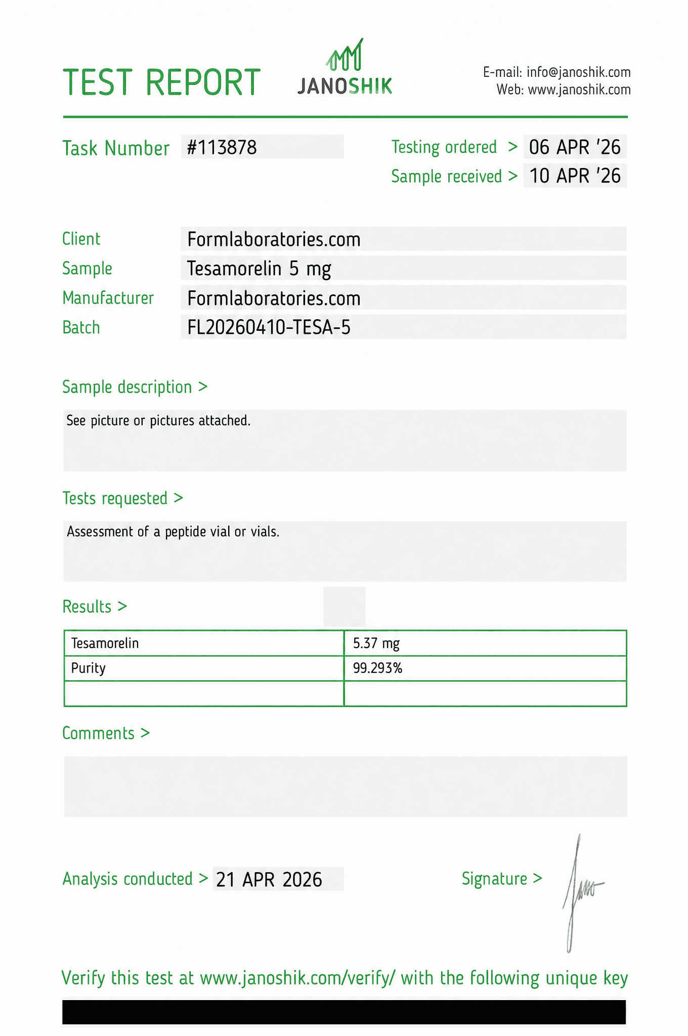 Tesamorelin Certificate of Analysis - Lot TESA-2506