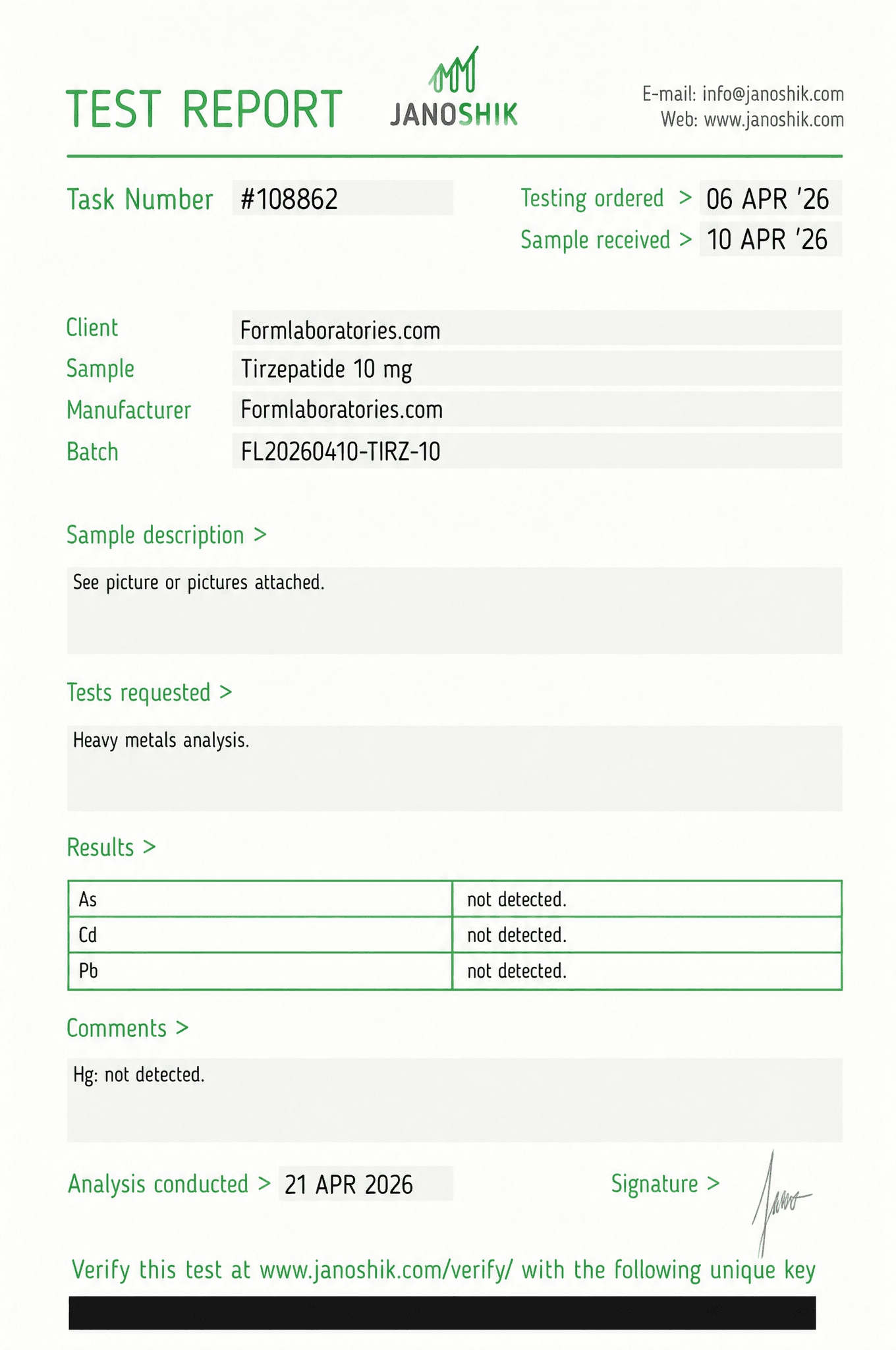 Tirzepatide Certificate of Analysis - Lot TIRZ-2506