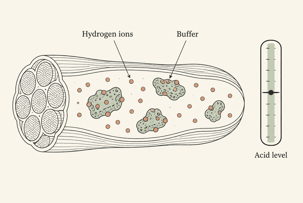 Inside a muscle-fibre outline, sponge-like buffer shapes catch small hydrogen ion dots, beside a gauge resting in the middle. Labels read Hydrogen ions, Buffer and Acid level.