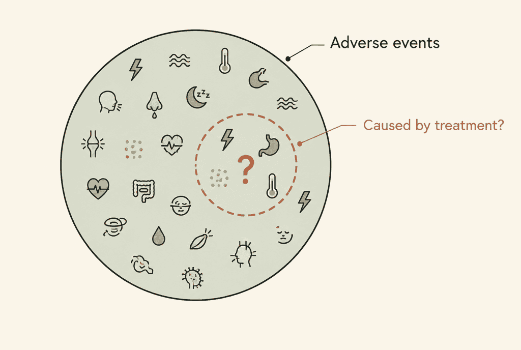 A large circle of small health-problem symbols labelled Adverse events, with a smaller dashed circle inside it labelled Caused by treatment? covering only a few symbols.