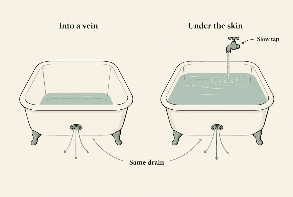 Two bathtubs with drains the same size, labelled Same drain. The left tub, labelled Into a vein, has no tap and is nearly empty. The right tub, labelled Under the skin, has a Slow tap still running and holds more water.