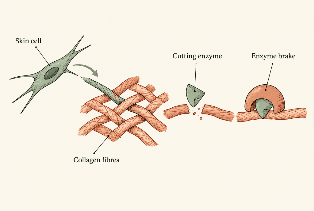 A skin cell adds a strand to a fibre scaffold, a cutting enzyme separates another strand, and a brake protein blocks a second enzyme. Labels read Skin cell, Collagen fibres, Cutting enzyme and Enzyme brake.