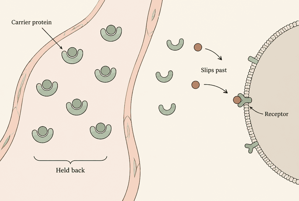 Small circles held inside cup-shaped carriers, labelled Carrier protein and Held back, beside other circles that move past empty cups, labelled Slips past, to reach a Y-shaped structure on a cell labelled Receptor.