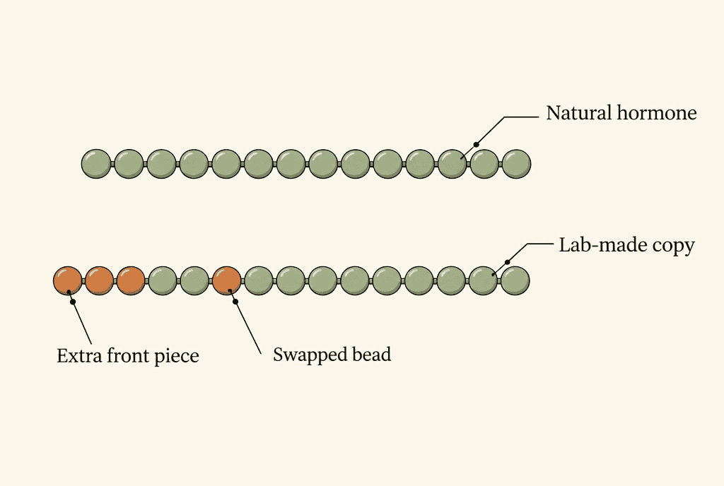 Two strings of beads. The top string is labelled Natural hormone. The bottom string, labelled Lab-made copy, has an extra group of beads at its left end labelled Extra front piece and one changed bead labelled Swapped bead.