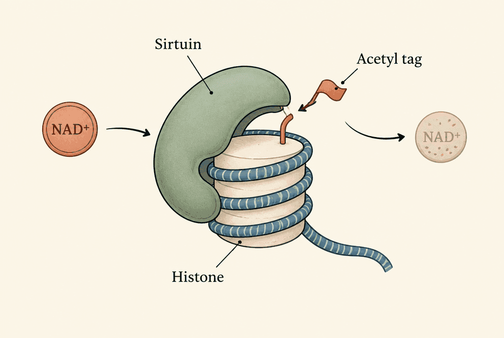 Diagram of an enzyme labelled Sirtuin pulling a small flag labelled Acetyl tag off a spool-shaped protein labelled Histone, while a token labelled NAD+ enters the enzyme and leaves used up.