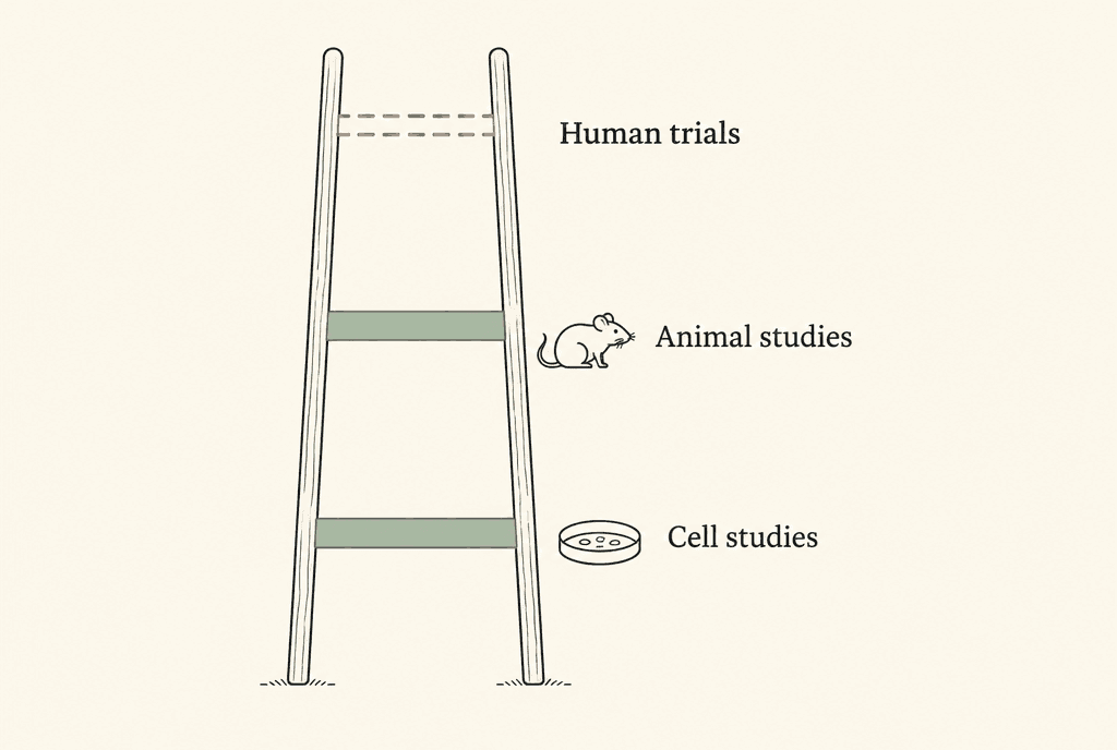 A three-rung ladder. The bottom rung is labelled Cell studies, the middle rung Animal studies, and the dashed, empty top rung Human trials.