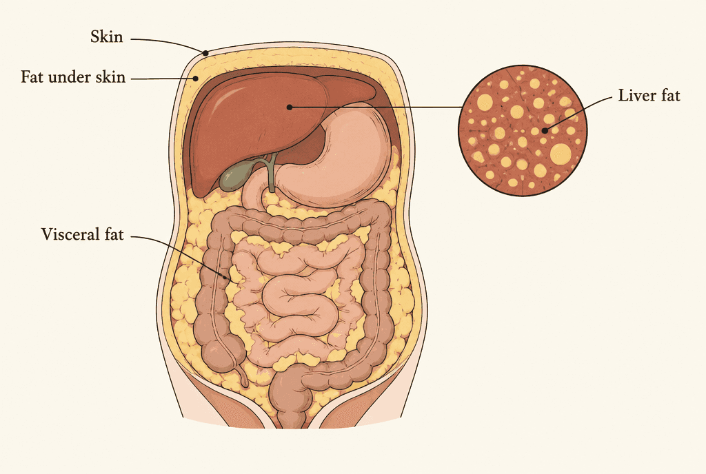 An anatomical abdomen cutaway distinguishes fat beneath the skin, around internal organs and within a liver inset. Labels read Skin, Fat under skin, Visceral fat and Liver fat.