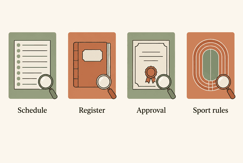 Four separate document cards standing apart, each under its own magnifying glass, with icons for a list, a ledger, a certificate and a running track. Labels read Schedule, Register, Approval and Sport rules.