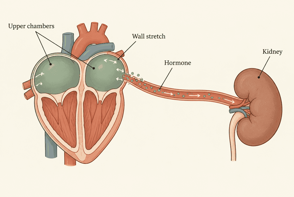 Cutaway heart with stretched upper chambers releasing hormone dots into a blood vessel that leads to a kidney, labelled Upper chambers, Wall stretch, Hormone and Kidney.