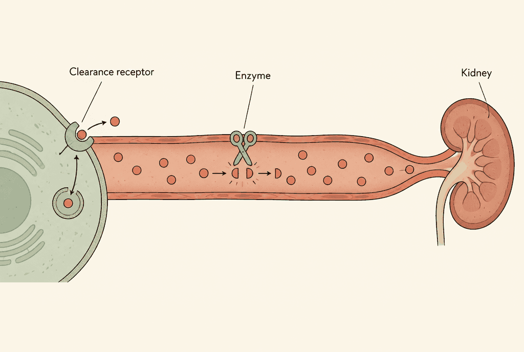 Blood vessel with hormone dots removed three ways: a receptor pulling a dot into a cell, a scissor-like enzyme cutting a dot, and a kidney, labelled Clearance receptor, Enzyme and Kidney.