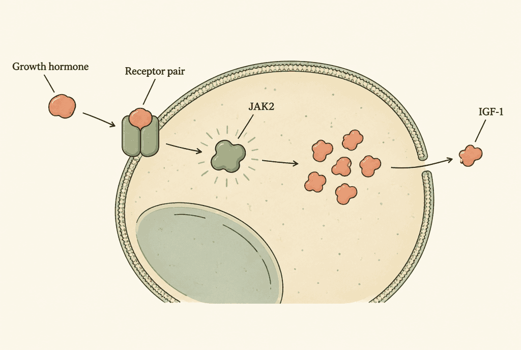 Diagram of a cell: a hormone labelled Growth hormone docks on a two-part Receptor pair in the cell wall, which switches on an enzyme labelled JAK2 inside the cell, leading the cell to make proteins, one labelled IGF-1 leaving the cell.