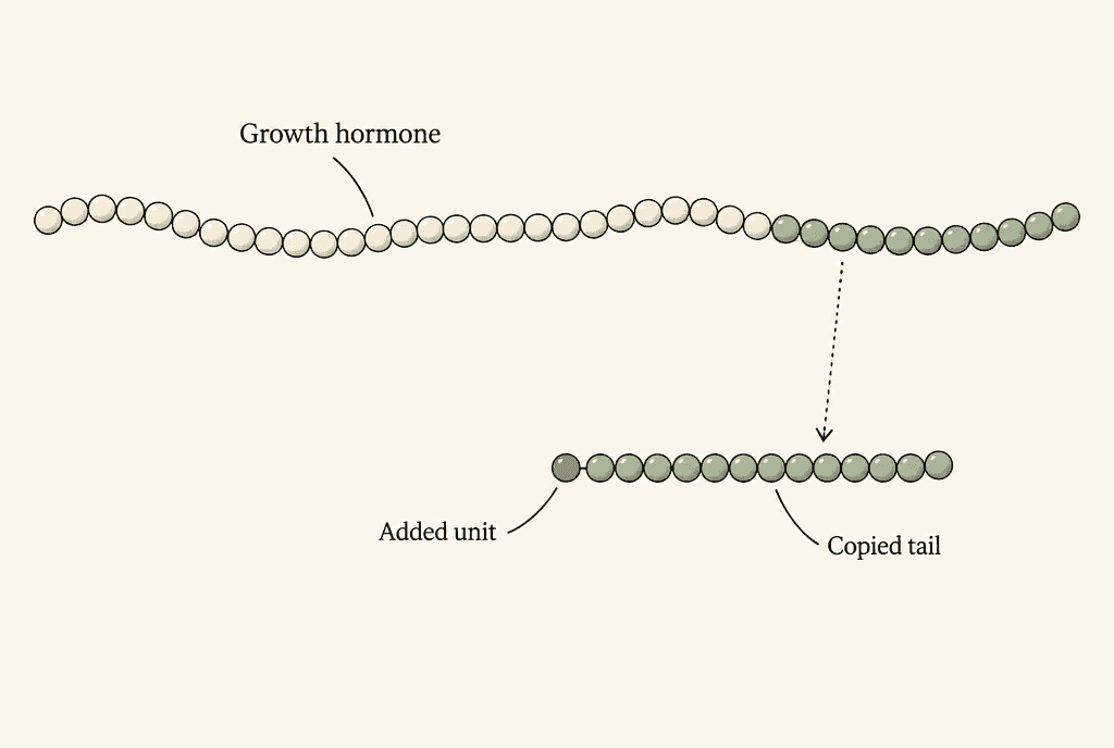 Diagram of a long bead chain labelled Growth hormone, with its last stretch of beads copied below as a short chain labelled Copied tail, plus one extra bead labelled Added unit.