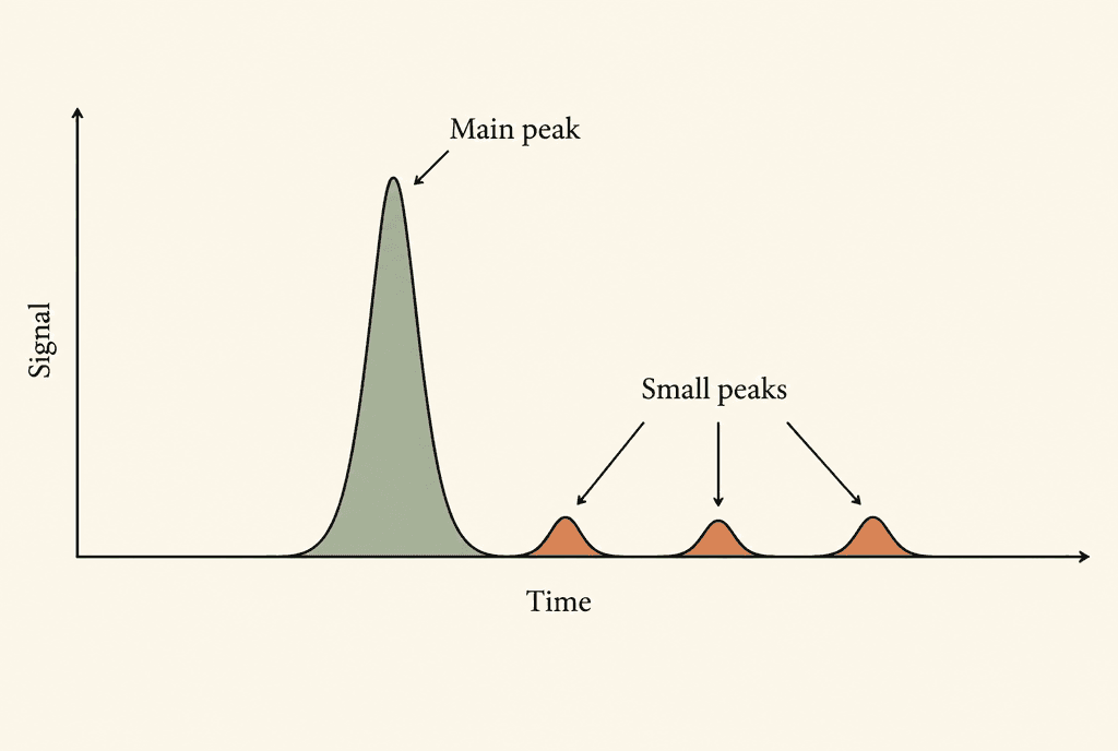 Line chart with a horizontal axis labelled Time and a vertical axis labelled Signal. One tall peak with its area shaded is labelled Main peak, and three low shaded bumps beside it are labelled Small peaks.
