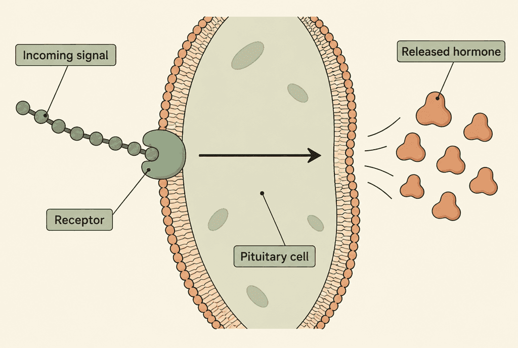 Conceptual pathway labelled Incoming signal, Receptor, Pituitary cell and Released hormone, distinguishing a received message from the hormone released afterwards.
