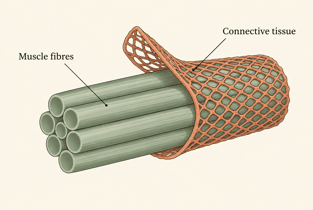 Cutaway of a bundle of muscle fibres wrapped in a fine supporting mesh, peeled back at one end. Labels read Muscle fibres and Connective tissue.