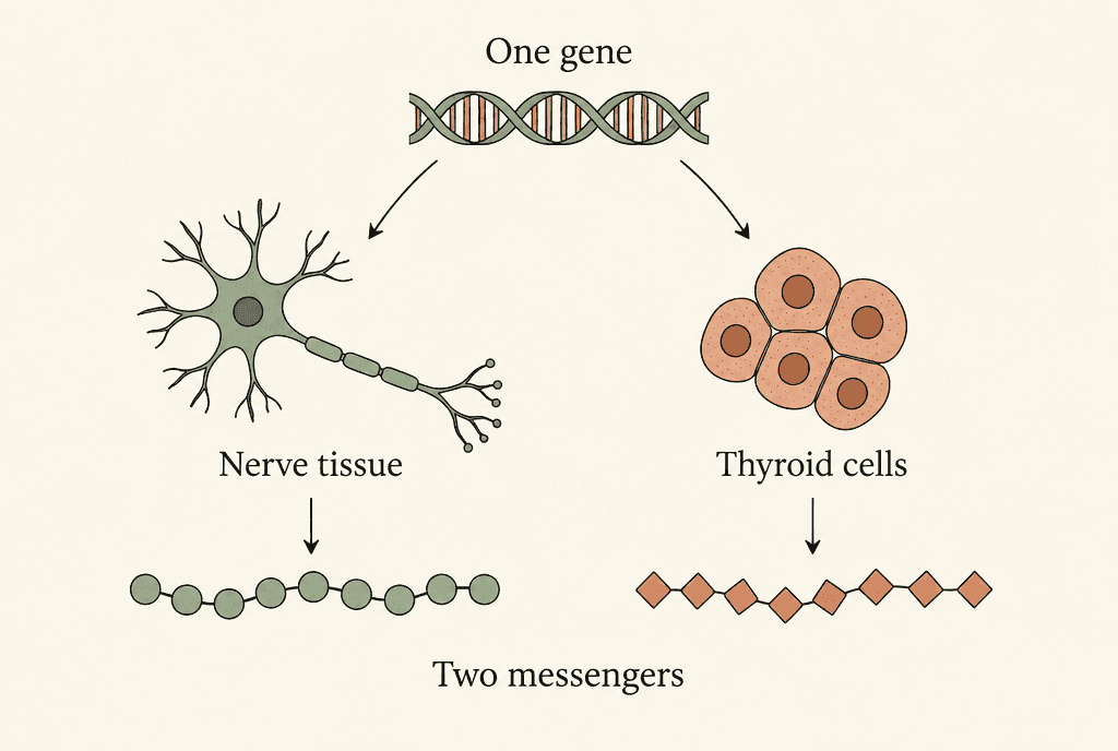 One DNA strand branches to a nerve cell and to thyroid cells, and each tissue makes a different bead chain. Labels read One gene, Nerve tissue, Thyroid cells and Two messengers.