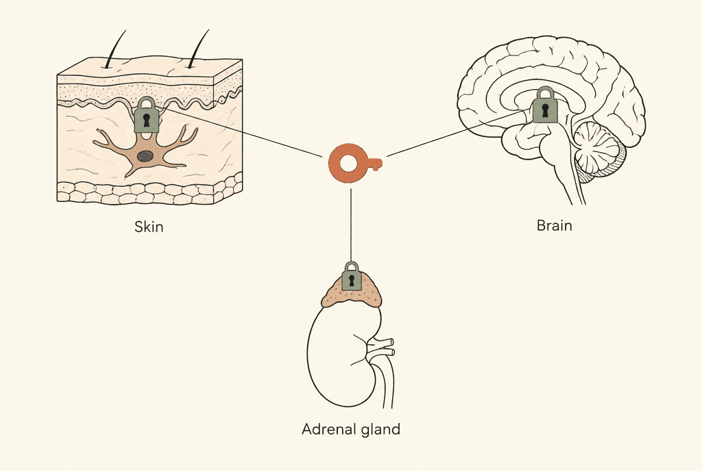 Diagram: one key-shaped molecule linked to lock-shaped receptors at three sites labelled Skin, Brain and Adrenal gland.