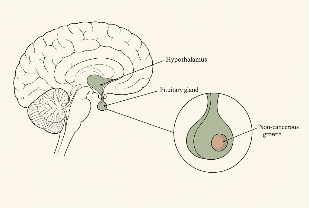 Side view of the lower brain showing the Hypothalamus above the small Pituitary gland, with a magnified inset of the gland containing a shaded lump labelled Non-cancerous growth.