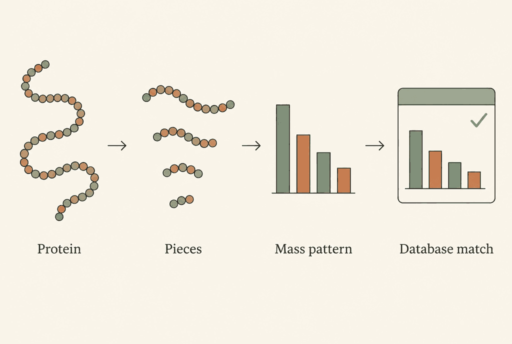 A four-step flow: a long chain labelled Protein is cut into Pieces, their masses form a bar chart labelled Mass pattern, and the pattern matches a reference card labelled Database match.
