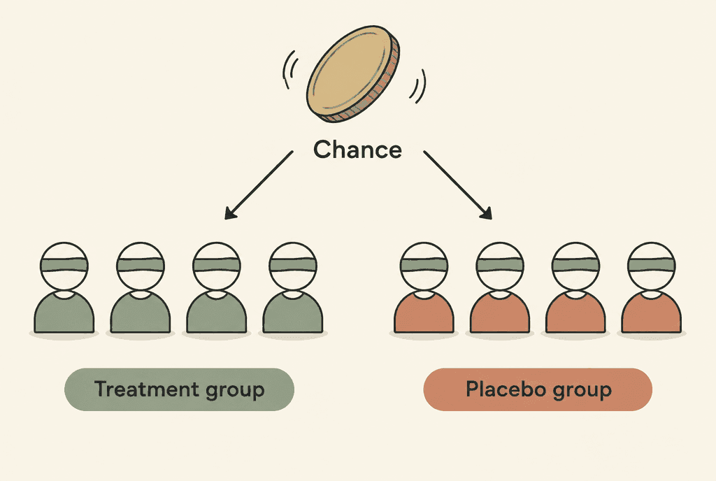 A tossed coin above simple blindfolded figures splitting into two equal groups, labelled Chance, Treatment group and Placebo group.