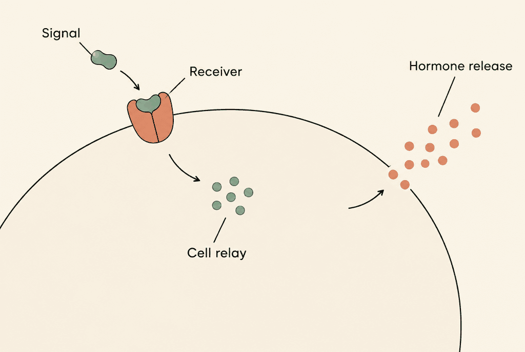 A messenger reaches a receiver across a cell boundary, a relay carries the message inside, and separate hormone dots leave the cell. Labels read Signal, Receiver, Cell relay and Hormone release.