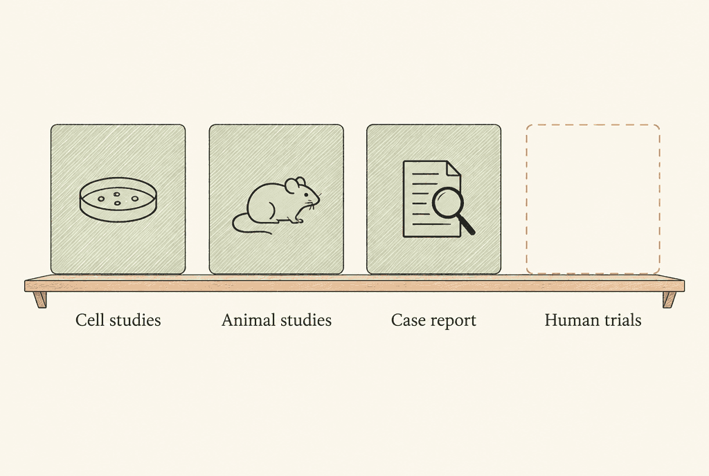 Four cards on a shelf. Three filled cards are labelled Cell studies, Animal studies and Case report. The fourth card, labelled Human trials, is an empty dashed outline.