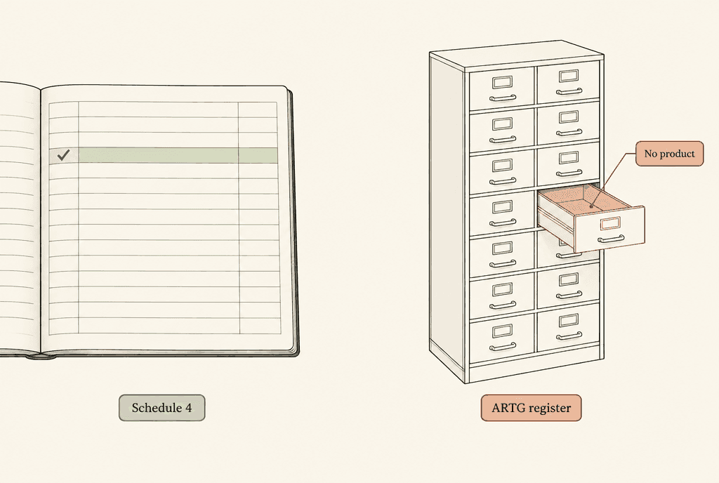 Diagram: a ledger with a ticked row labelled Schedule 4 beside a drawer cabinet labelled ARTG register, with an empty open drawer labelled No product.