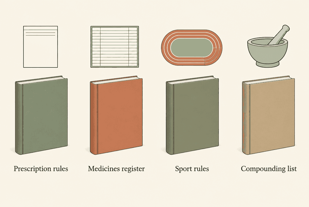 Four separate record books side by side, labelled Prescription rules, Medicines register, Sport rules and Compounding list, each with its own simple icon above it.