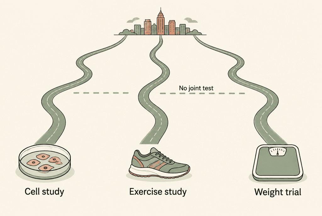 Three separate roads labelled Cell study, Exercise study and Weight trial lead toward the same city and never meet; a broken dashed bridge between them is labelled No joint test.