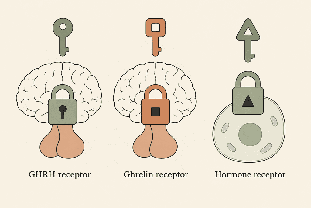 Three locks with differently shaped keyholes, each with its own key. Two locks on the pituitary gland are labelled GHRH receptor and Ghrelin receptor; the third, on a body cell, is labelled Hormone receptor.