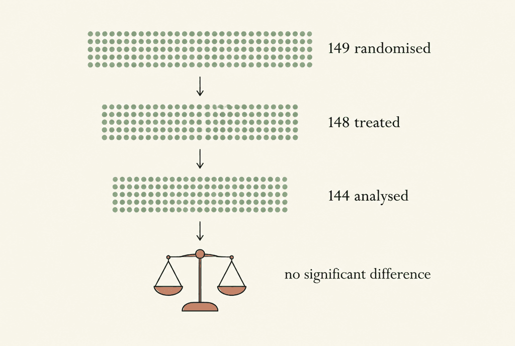 Diagram of three bands of dots joined by arrows, labelled 149 randomised, 148 treated and 144 analysed, beside a level balance scale labelled no significant difference.