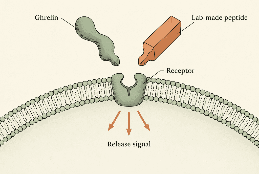 Lock-and-key diagram of a cell surface: a natural key labelled Ghrelin and a geometric key labelled Lab-made peptide both fit one lock labelled Receptor, with arrows below labelled Release signal.