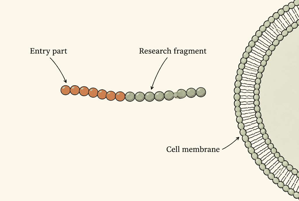 A short beaded chain in two halves joined end to end, pointing toward the edge of a cell. Labels read Entry part, Research fragment and Cell membrane.