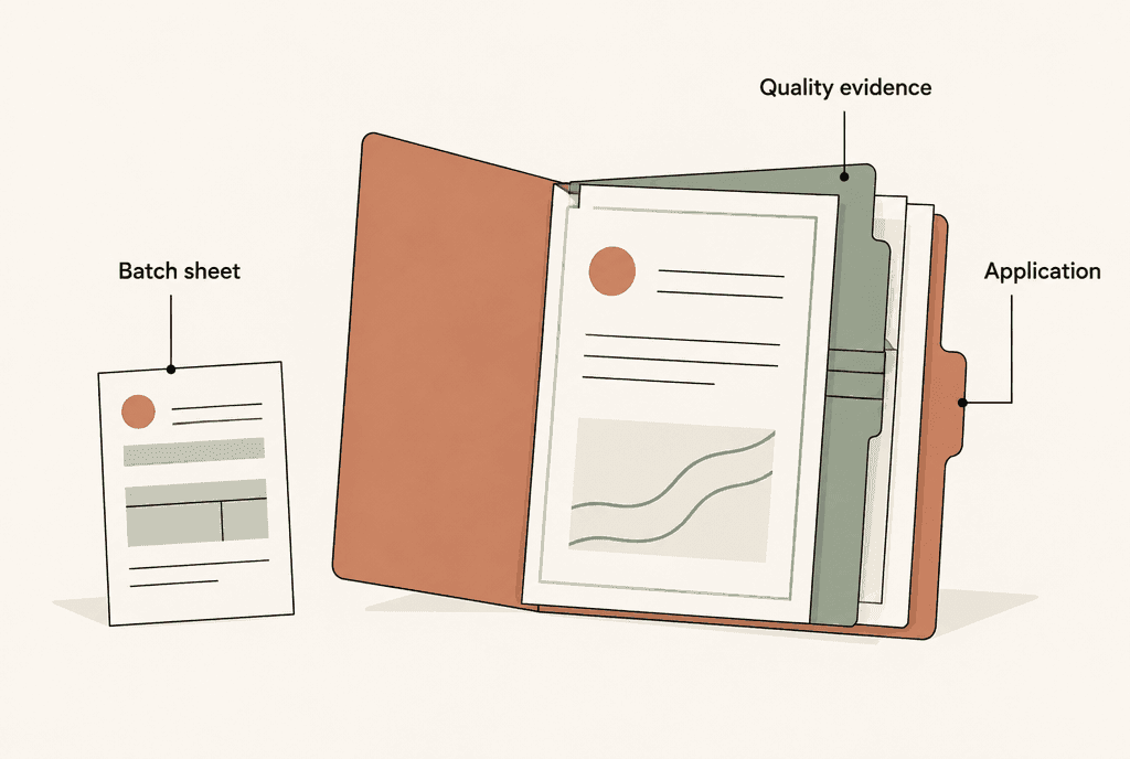 A batch report sheet sits beside a larger application folder containing quality evidence.