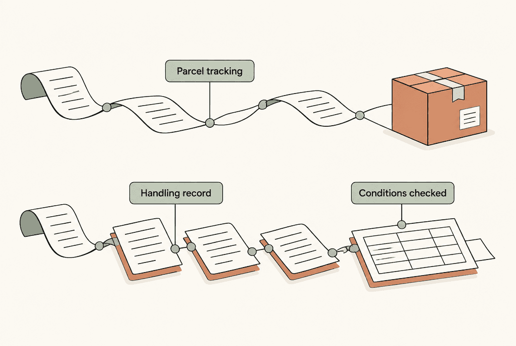 Parcel tracking appears beside a separate handling record with checks of transport conditions.