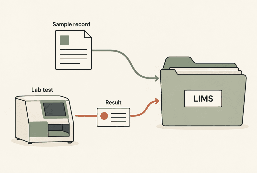 A sample record and result enter a LIMS folder. The lab test sits outside the folder.