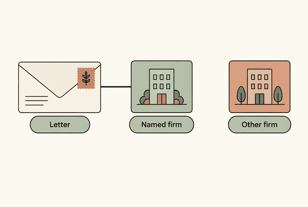 A letter connects to the named firm. A separate firm has no connecting line.