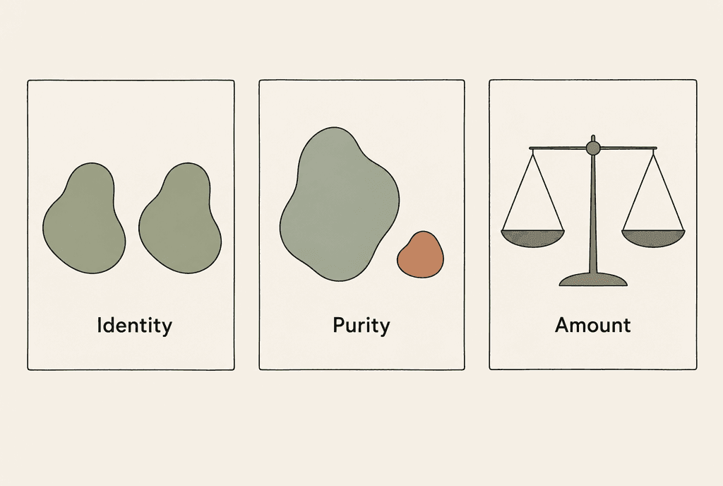 Separate cards labelled Identity, Purity and Amount show three distinct sample checks.