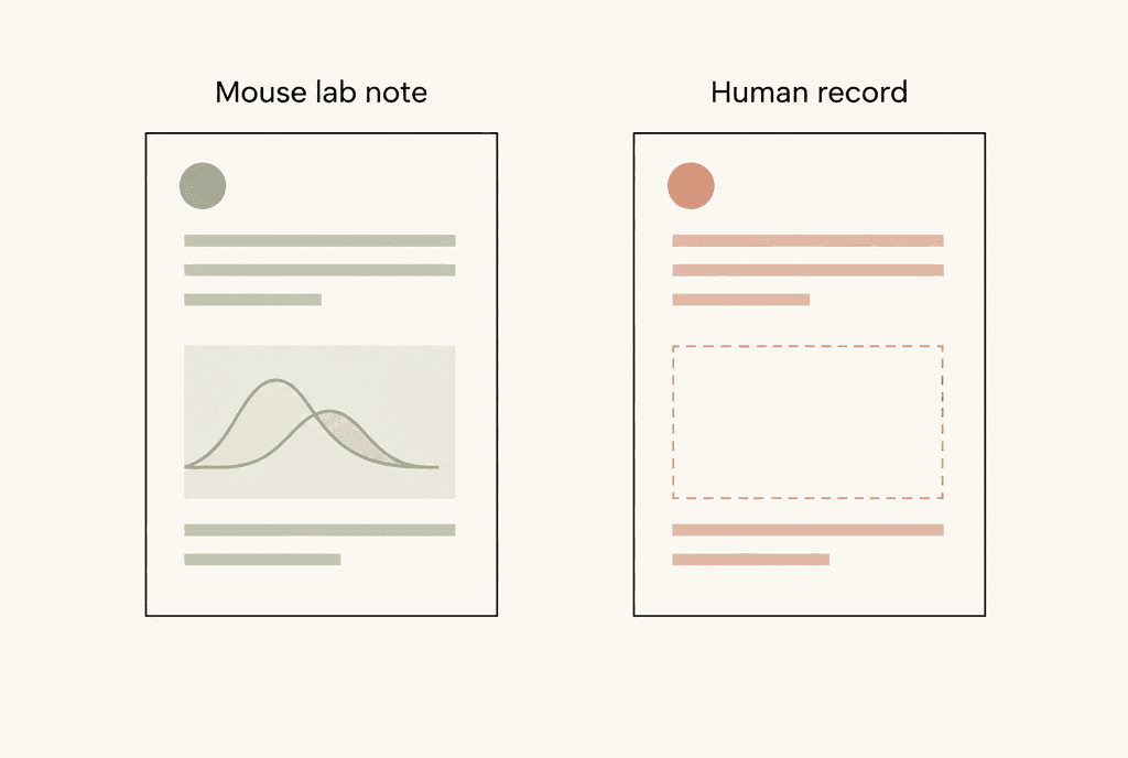 Two document cards labelled Mouse lab note and Human record. The mouse card has a note mark. The human card is empty.