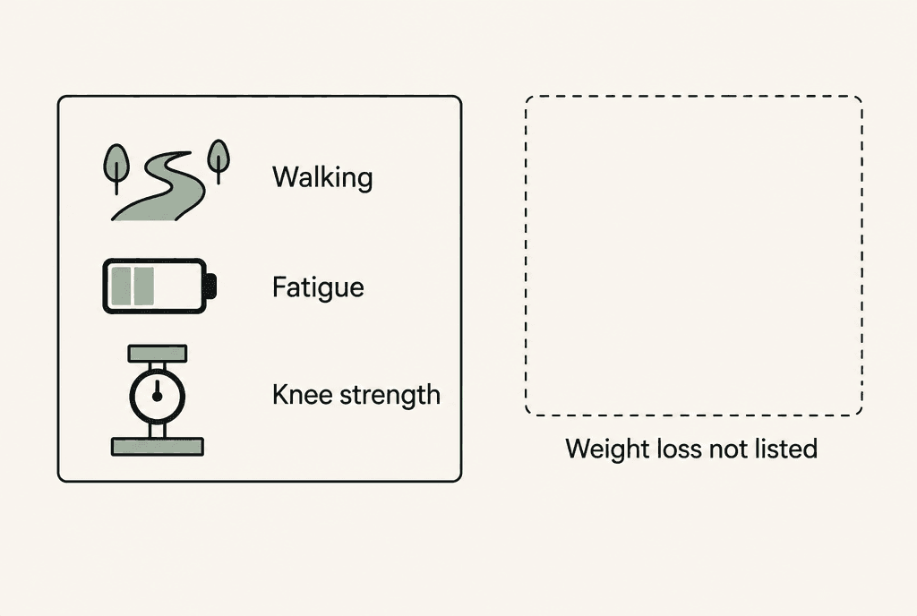 Three listed trial measures, Walking, Fatigue and Knee strength, sit beside an empty dashed panel labelled Weight loss not listed.