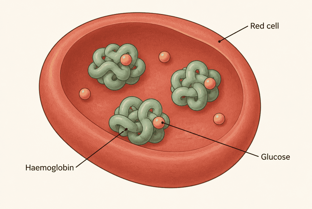 Conceptual cutaway of a red blood cell with glucose dots attached to haemoglobin shapes. Labels read Red cell, Haemoglobin and Glucose.