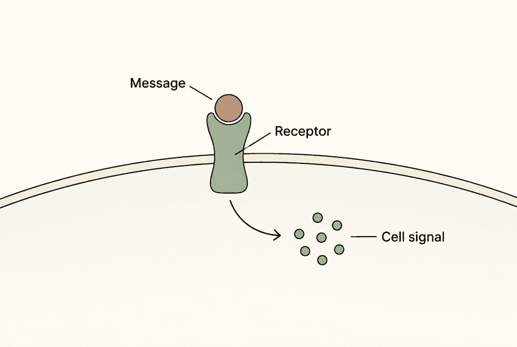 Conceptual diagram with an outside message touching a receptor at a cell boundary and an arrow leading to an internal signal. Labels read Message, Receptor and Cell signal.