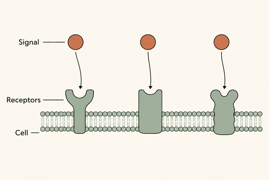 Conceptual diagram of identical signal shapes meeting different receptor shapes on a cell boundary. Labels read Signal, Receptors and Cell.