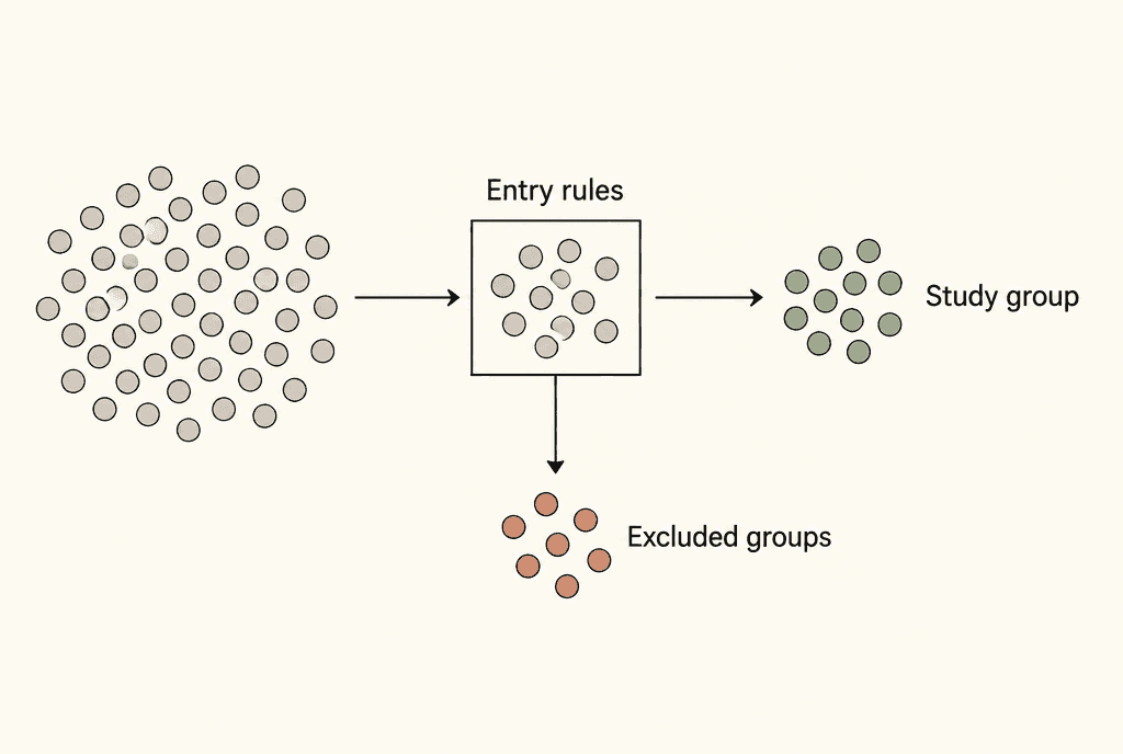 Abstract circles pass through a screening frame into a study group, while a separate branch represents excluded groups. Labels read Entry rules, Study group and Excluded groups.
