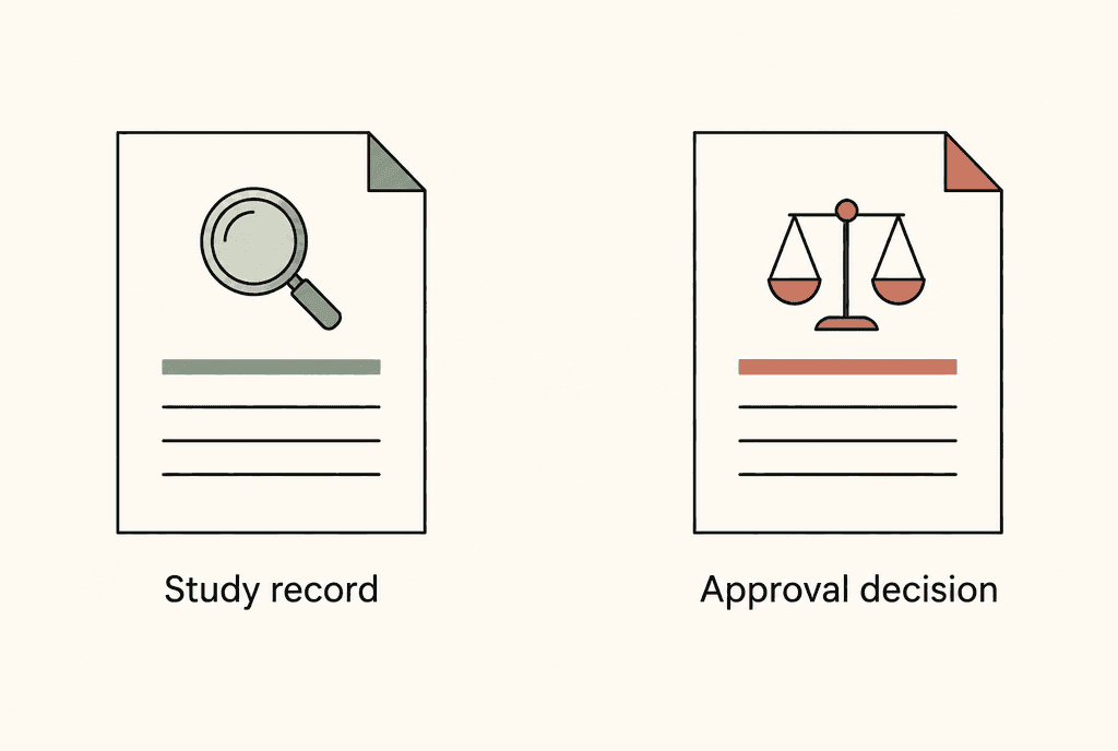 Two separate documents labelled Study record and Approval decision, with a magnifying glass and a balanced scale to distinguish their roles.